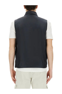 Navy blue sleeveless vest by Aspesi with high collar made of smooth lightweight fabric for men Vernes style
