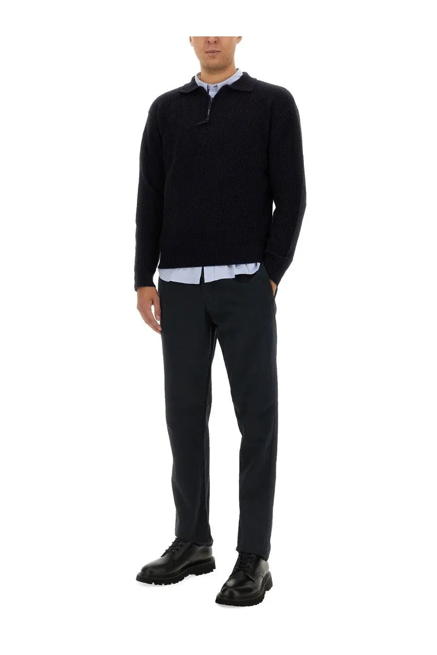 Black ribbed knit polo sweater with subtle zipper collar detail in aspesi men’s wool jersey blue design