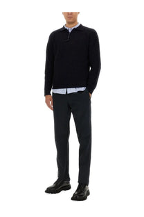 Black ribbed knit polo sweater with subtle zipper collar detail in aspesi men’s wool jersey blue design