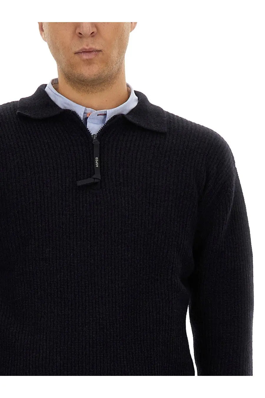 Black ribbed knit sweater with collar and half-zip closure in wool jersey by aspesi men’s blue