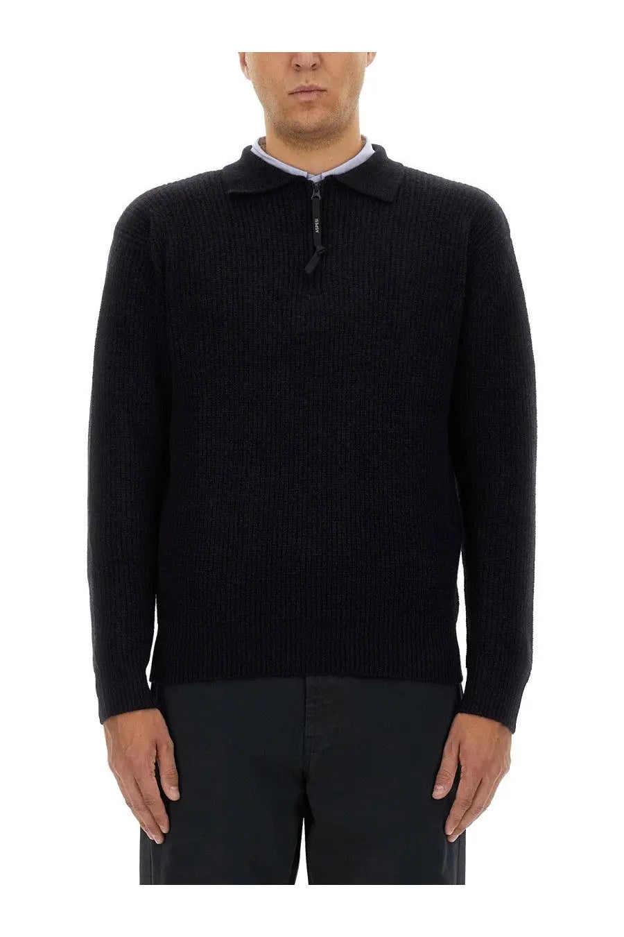 Black ribbed knit sweater with collar and zipper detail in aspesi mens wool jersey blue fabric