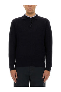 Black ribbed knit sweater with collar and zipper detail in aspesi mens wool jersey blue fabric