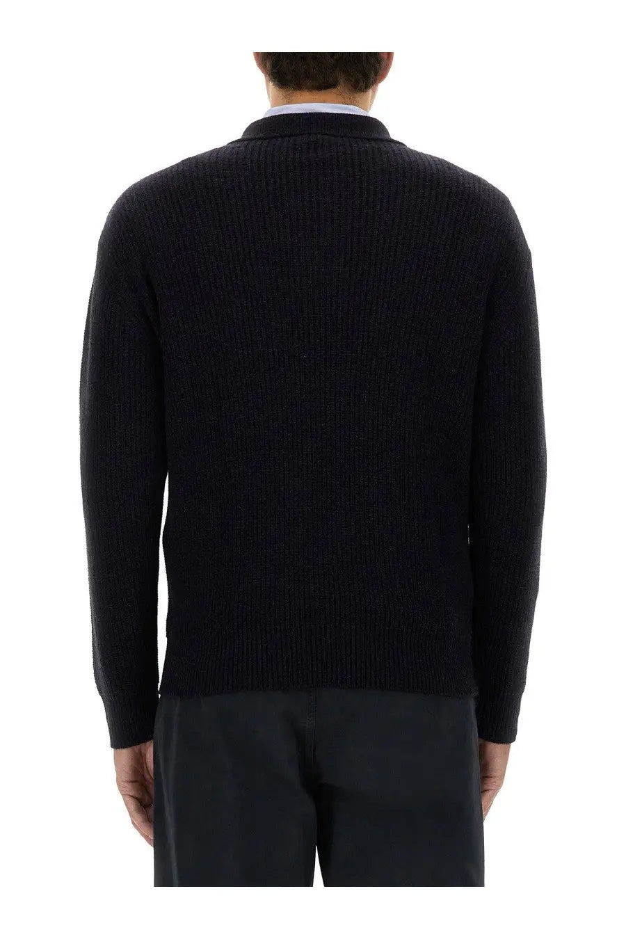 Black ribbed knit sweater with collar in wool jersey for men by aspesi
