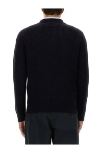 Black ribbed knit sweater with collar in wool jersey for men by aspesi