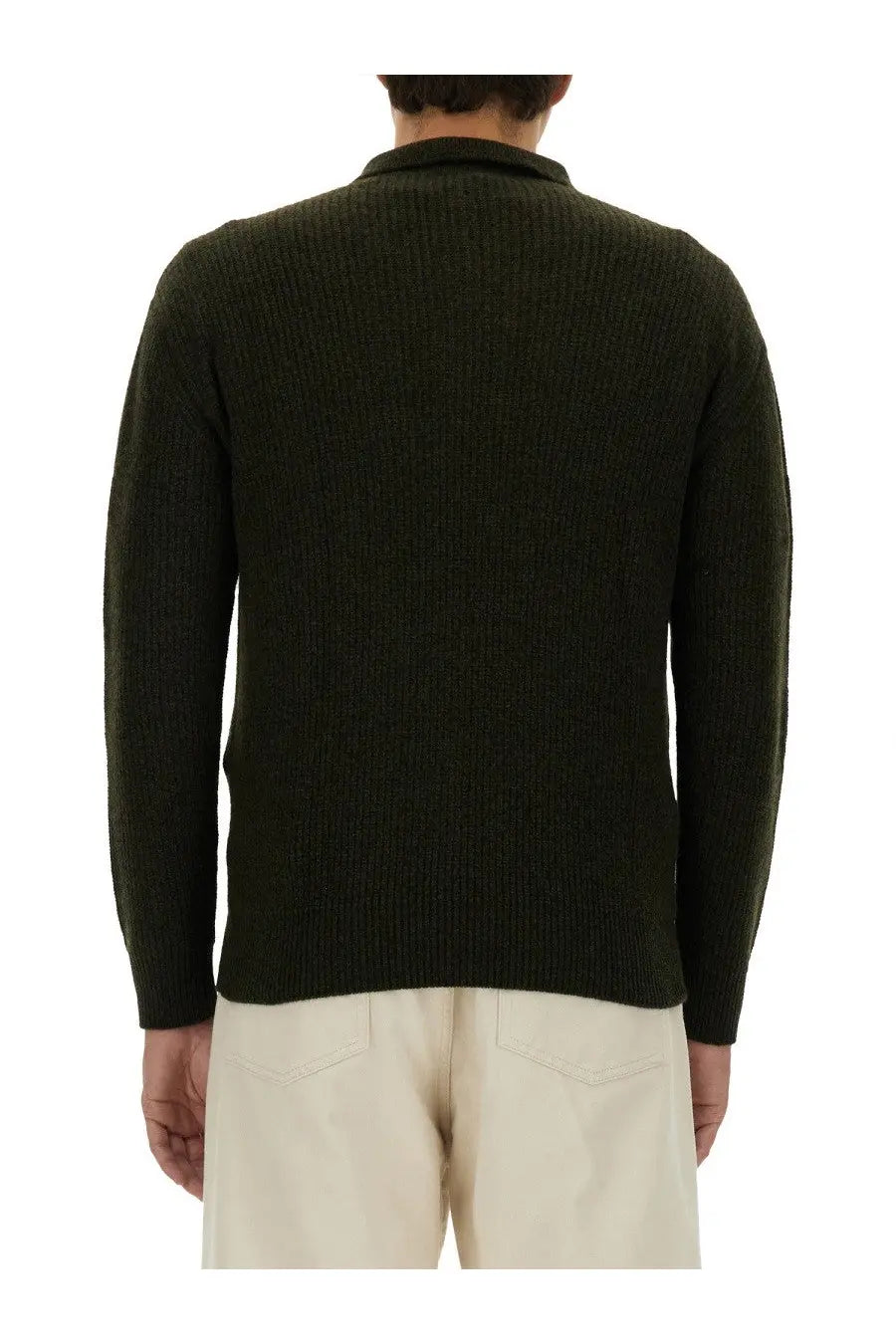Aspesi men’s dark olive green ribbed knit wool sweater with collar in wool jersey fabric