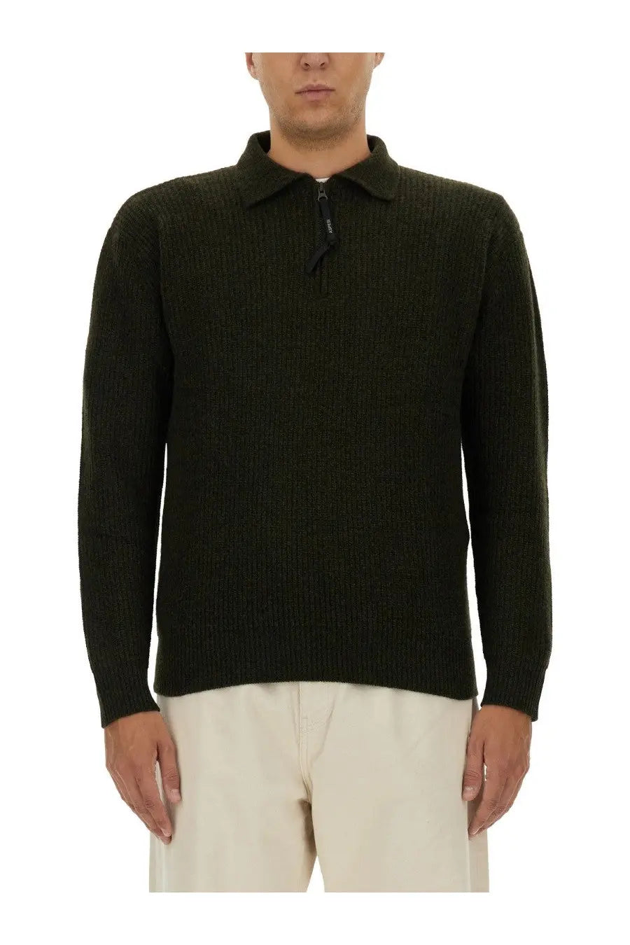 Aspesi men’s wool jersey green dark green ribbed knit polo sweater with half-zip closure front view