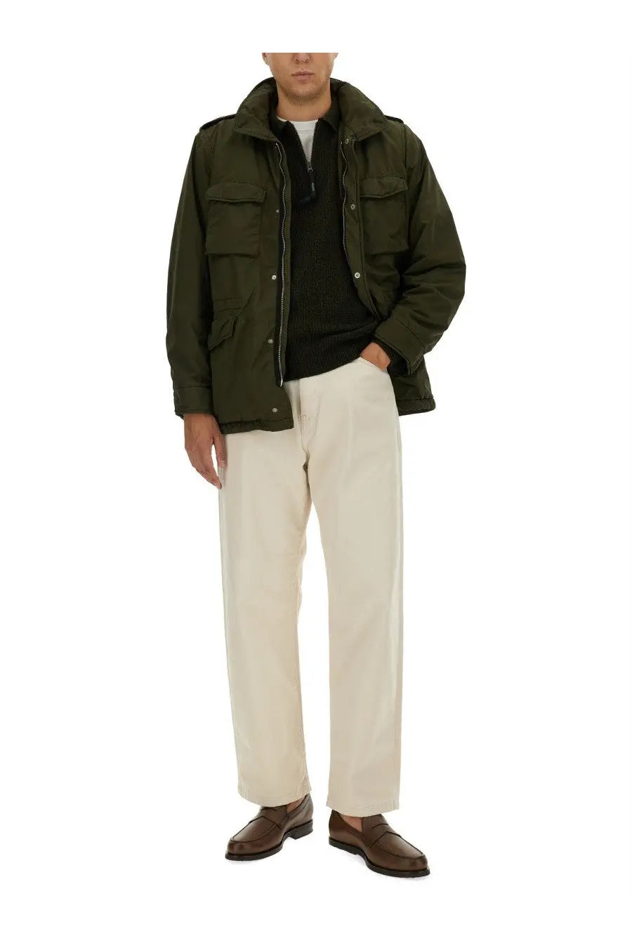 Olive green ASPESI men’s wool jersey utility jacket with multiple flap pockets and a high collar