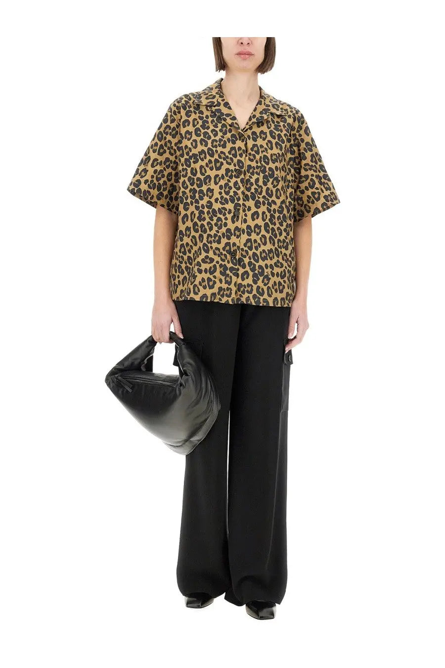 Black quilted handbag with soft padded silhouette and top handle featured with aspesi women’s animal print shirt pattern