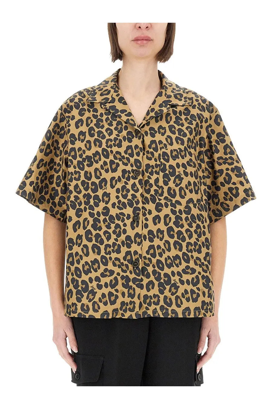 Aspesi women’s short-sleeved button-up shirt with tan and black leopard print animal pattern design