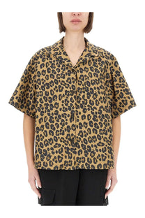 Aspesi women’s short-sleeved button-up shirt with tan and black leopard print animal pattern design