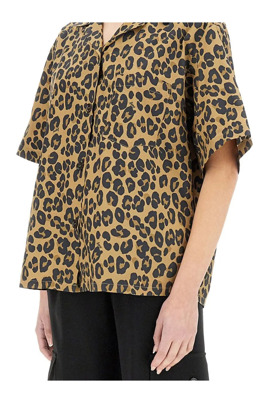 Aspesi women’s short-sleeved button-up shirt in tan and black leopard print pattern perfect for casual wear