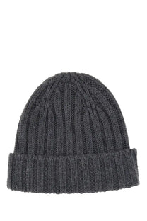 Aspesi women’s dark gray ribbed knit beanie hat with folded cuff made from soft warm material