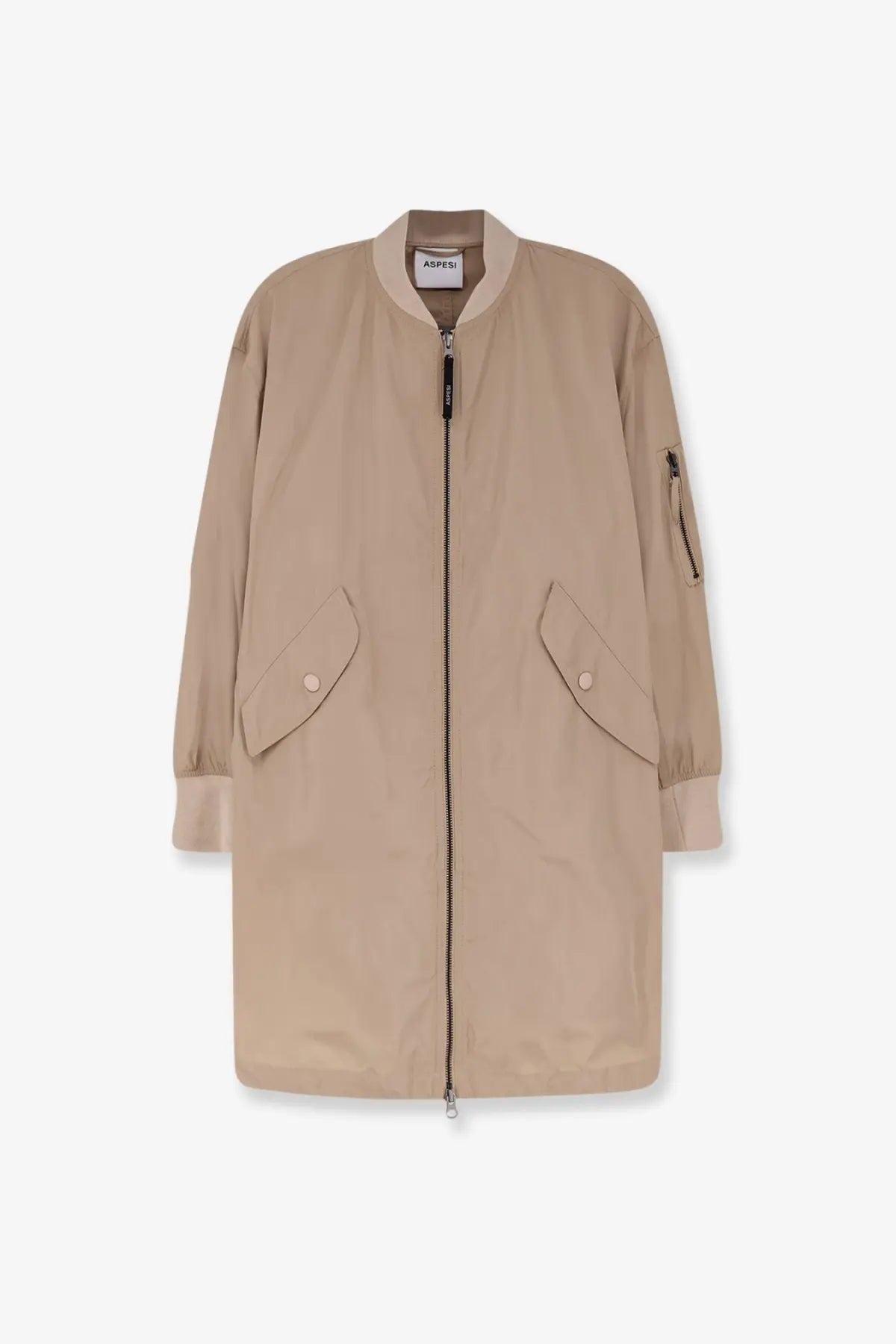Aspesi women’s bombo nylon beige bomber jacket with ribbed collar cuffs front zipper and flap pockets