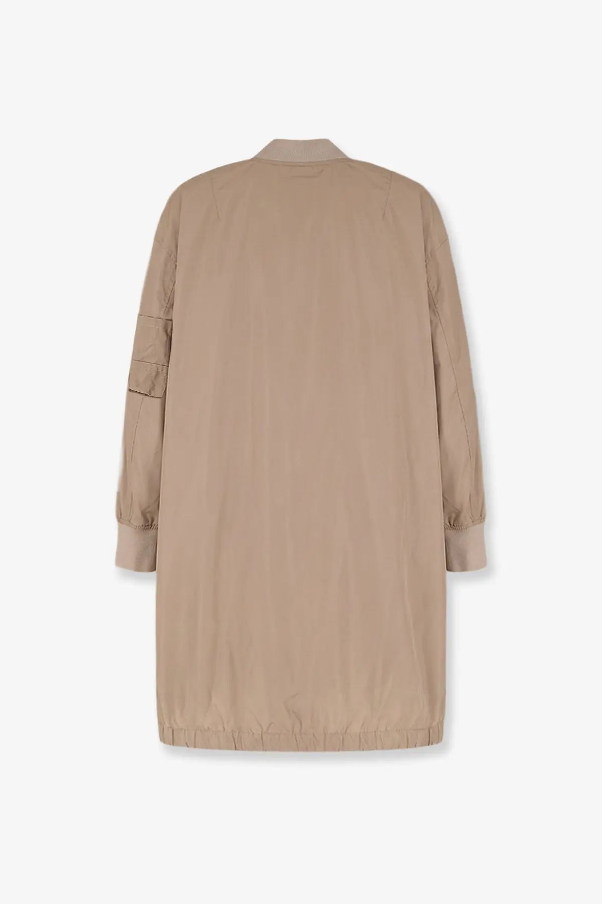 Beige aspesi women’s bombo nylon utility-style coat with long sleeves and a single patch pocket on the left arm