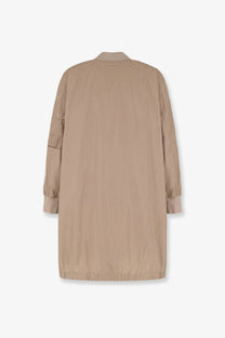 Beige aspesi women’s bombo nylon utility-style coat with long sleeves and a single patch pocket on the left arm