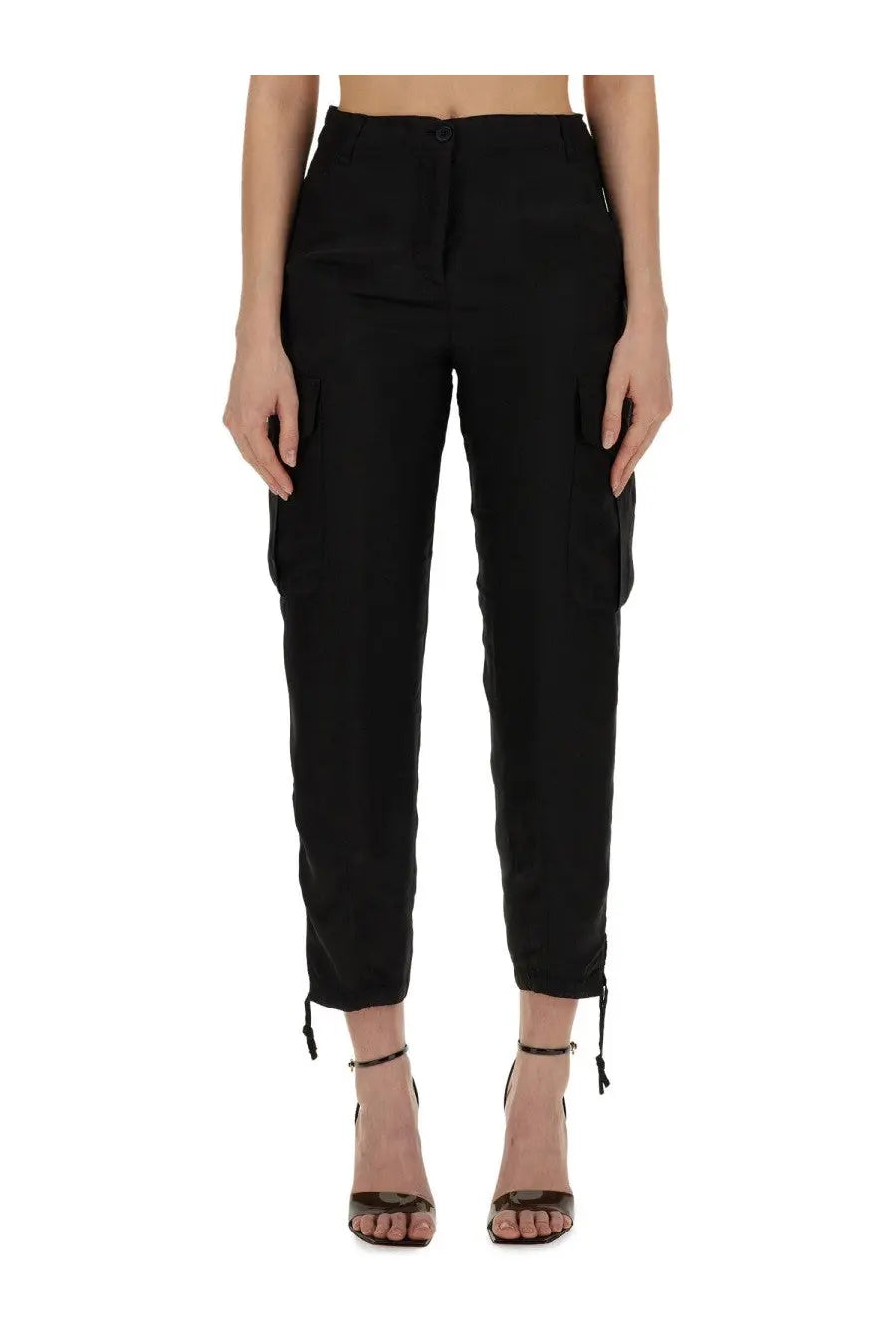 Aspesi women’s black cargo pants featuring side pockets and adjustable drawstrings at the ankles