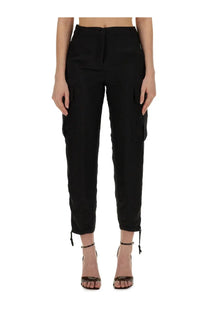 Aspesi women’s black cargo pants featuring side pockets and adjustable drawstrings at the ankles