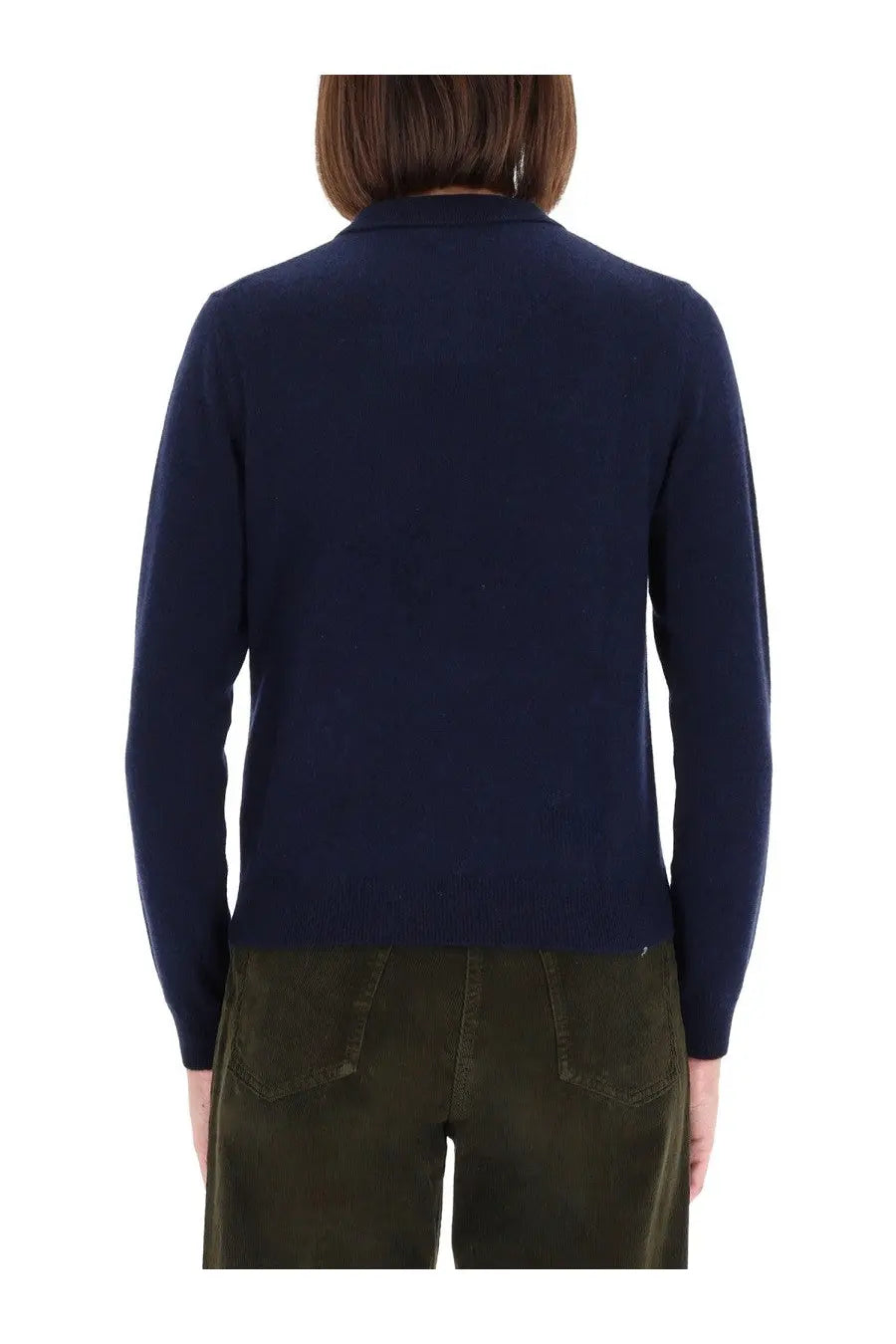 Navy blue Aspesi womens cashmere polo shirt with classic collar and ribbed cuffs knit sweater design