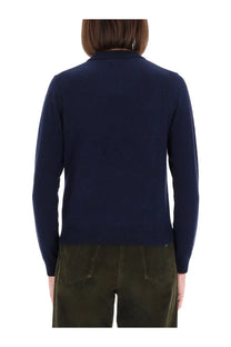 Navy blue Aspesi womens cashmere polo shirt with classic collar and ribbed cuffs knit sweater design