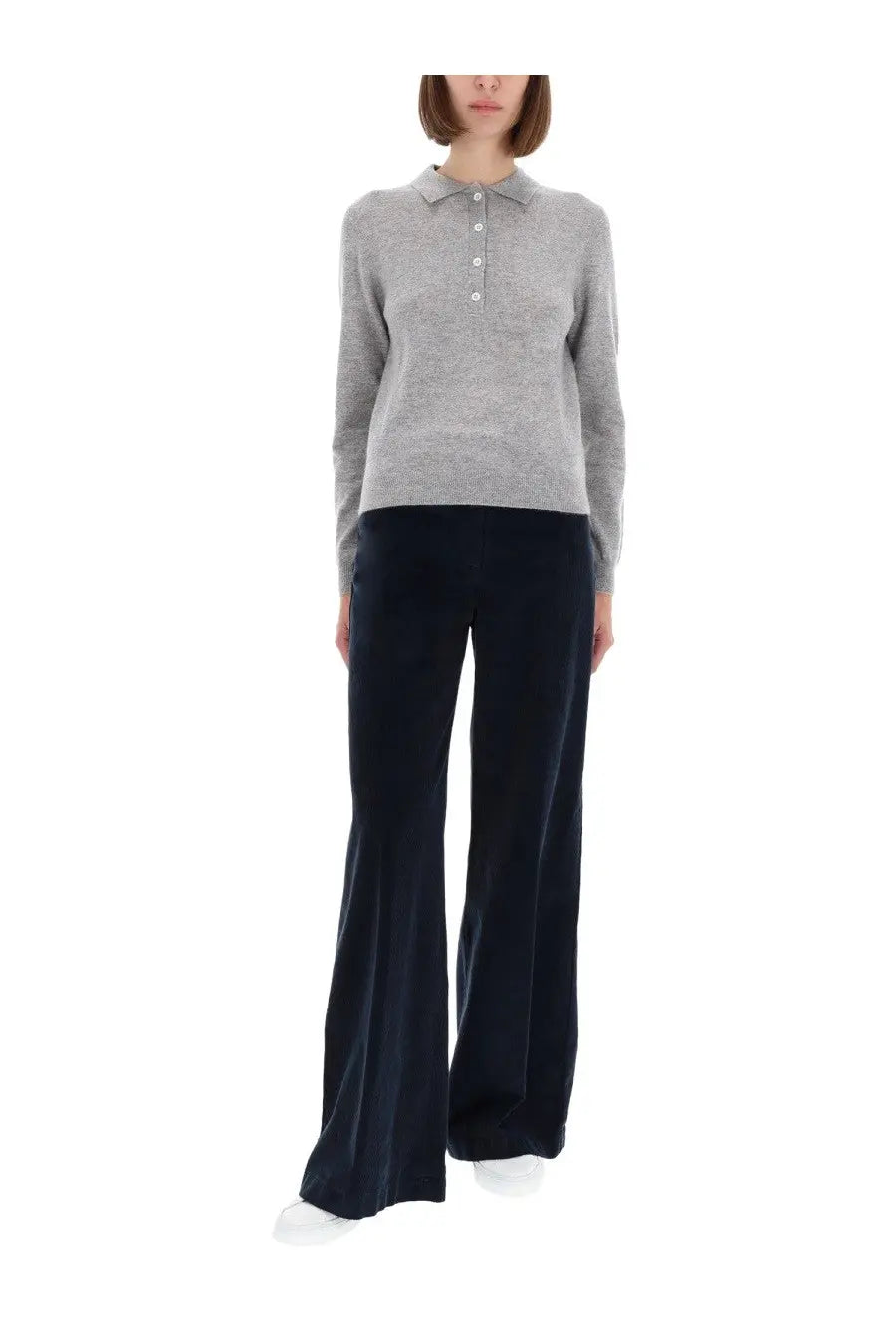 Aspesi women’s cashmere polo shirt grey soft knit with subtle textured pattern and white buttons
