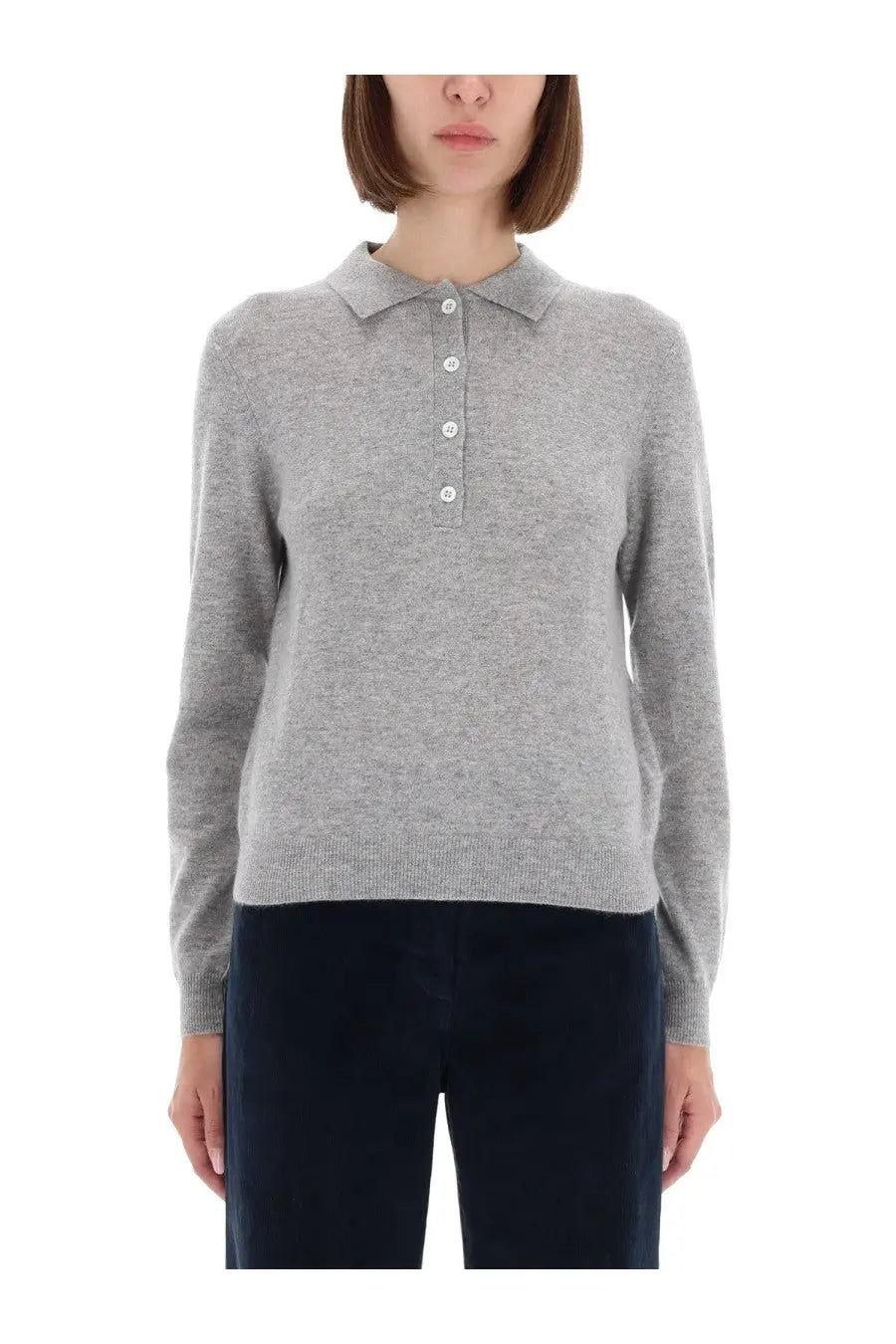 Aspesi women’s cashmere polo shirt grey in soft heather gray knit with classic collar and white buttons