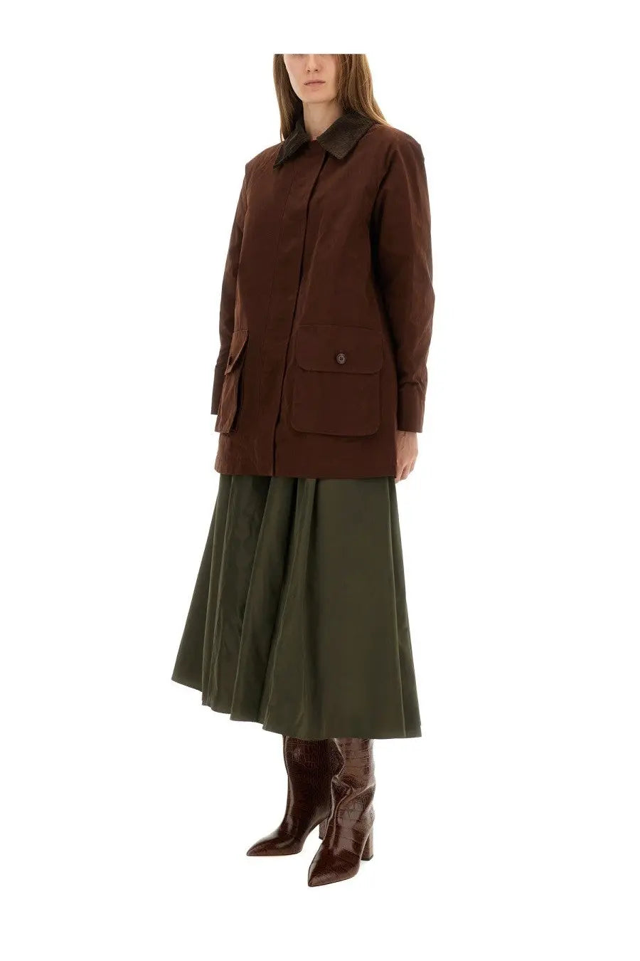 Brown aspesi women’s cotton blend canvas trench coat with dark brown collar and buttoned front pockets