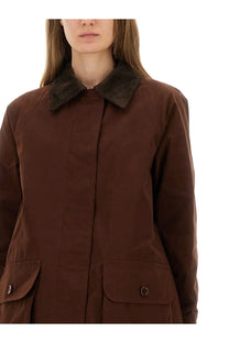 Aspesi women’s brown waxed cotton field jacket with dark brown corduroy collar and two front patch pockets