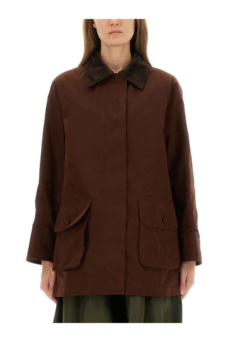 Brown waxed cotton field jacket with dark corduroy collar and flap pockets for women by aspesi