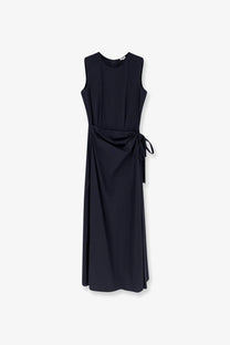 A sleek black sleeveless dress with draped waistband and tied belt made from cotton blend by Aspesi