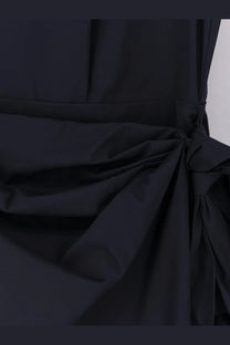 Aspesi women’s long blue cotton blend dress with sleek black fabric and elegant tied waist detail