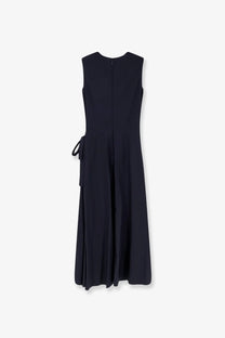 Aspesi women’s blue cotton blend long dress with sleeveless black top, subtle side tie, and pleated skirt