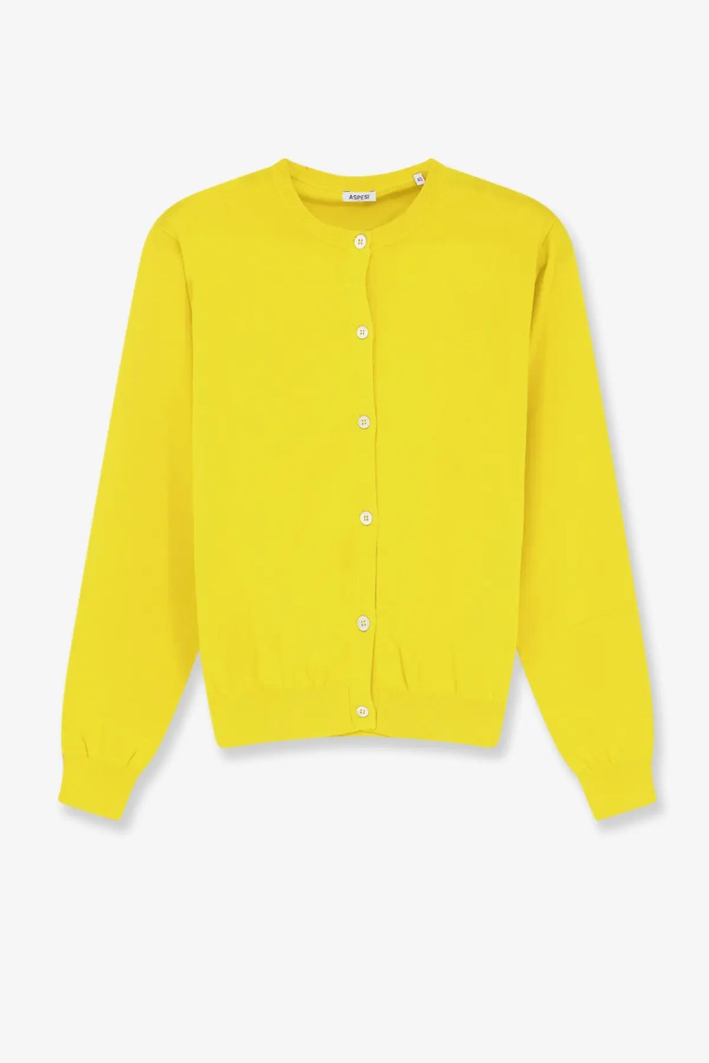 Bright yellow ganni cotton cardigan with white buttons and a simple elegant design for women