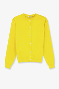 Bright yellow ganni cotton cardigan with white buttons and a simple elegant design for women