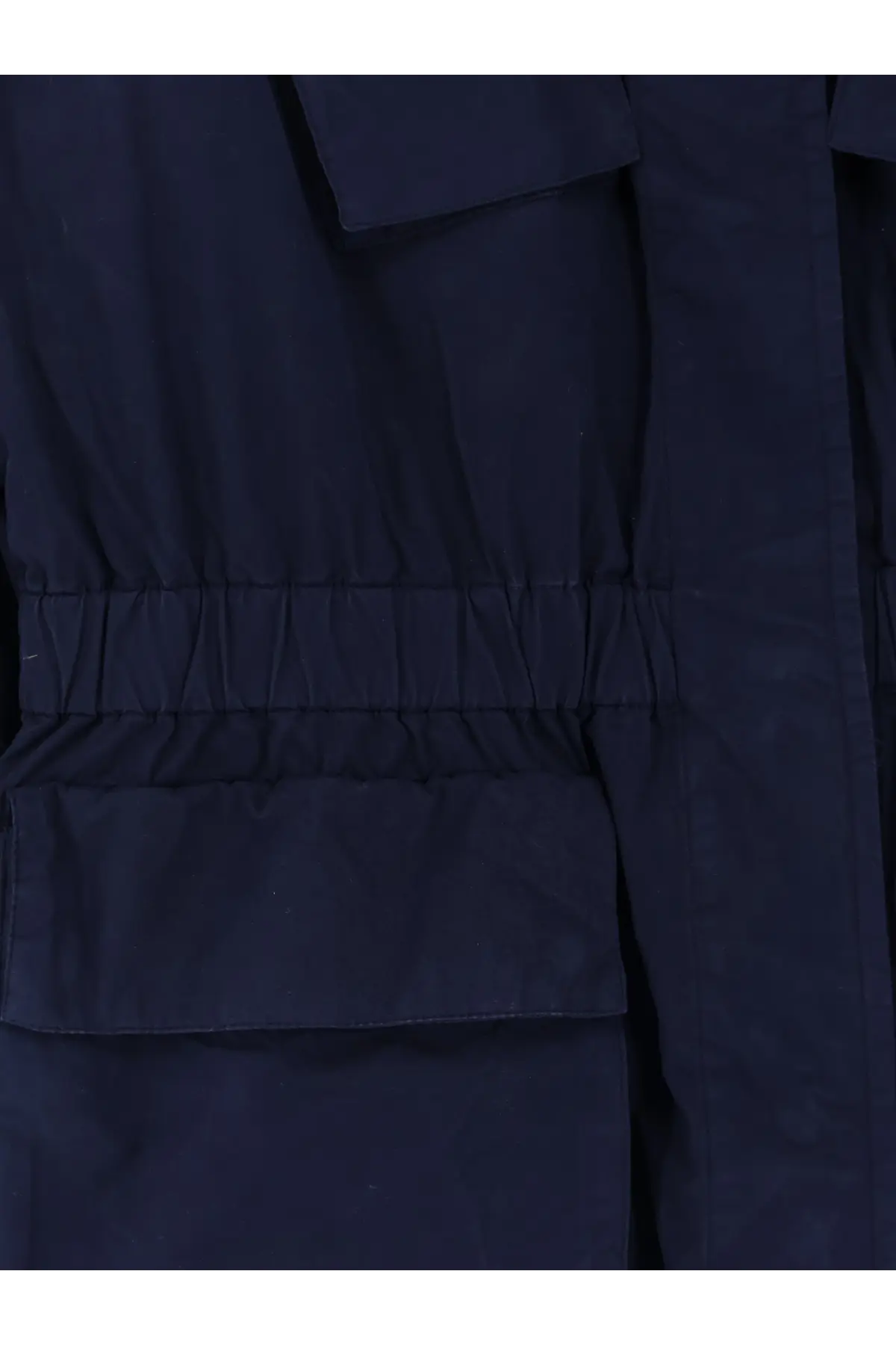 Aspesi women’s dark navy blue cotton trench coat with drawstring waistband and flap pockets