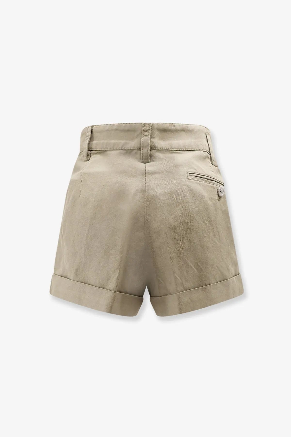 Beige high-waisted aspesi women’s cotton and linen shorts with rolled cuffs shown from the back side