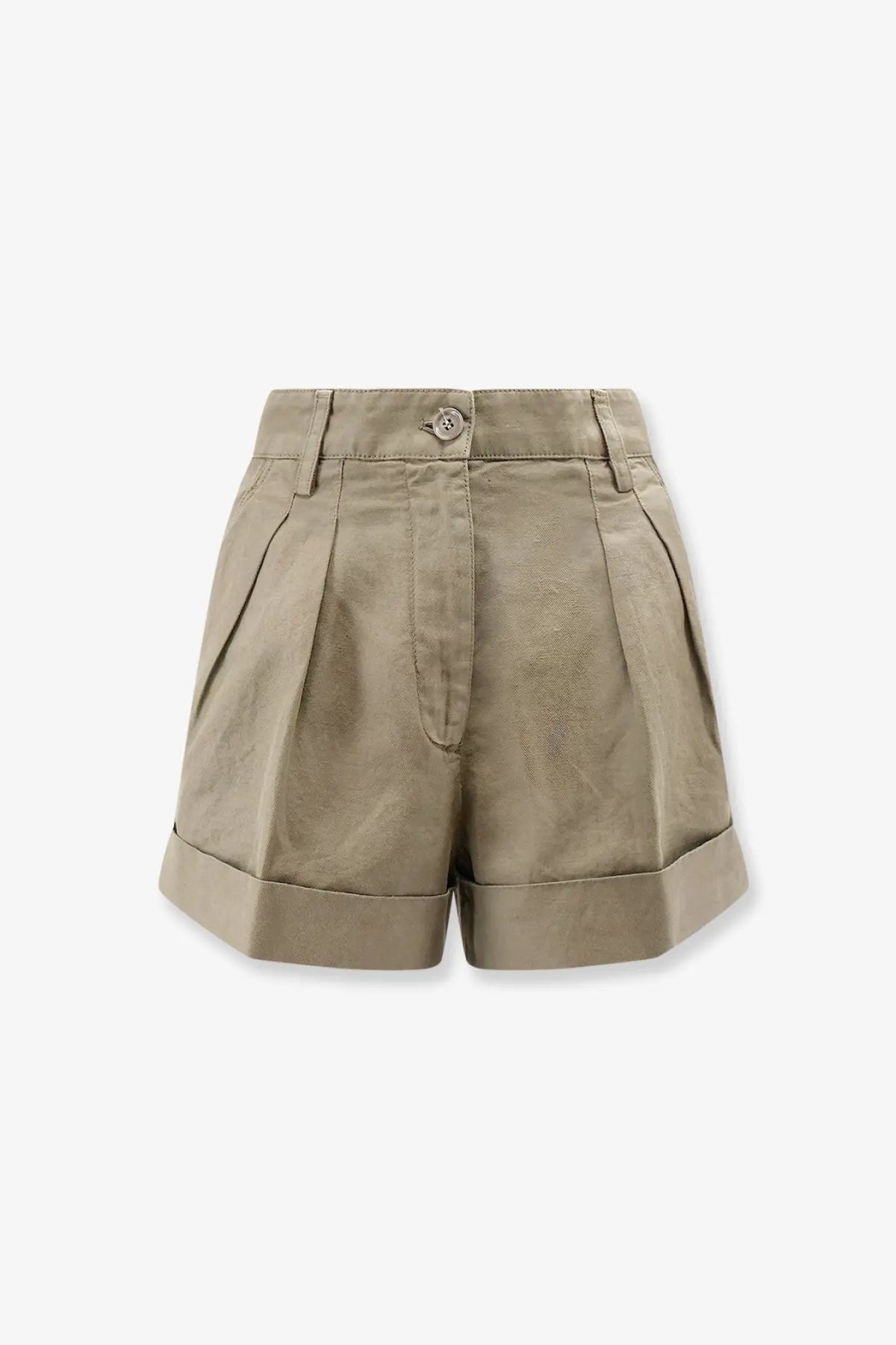 Khaki-colored pleated shorts with rolled cuffs and a button closure.
