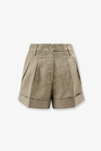 Khaki-colored pleated shorts with rolled cuffs and a button closure.