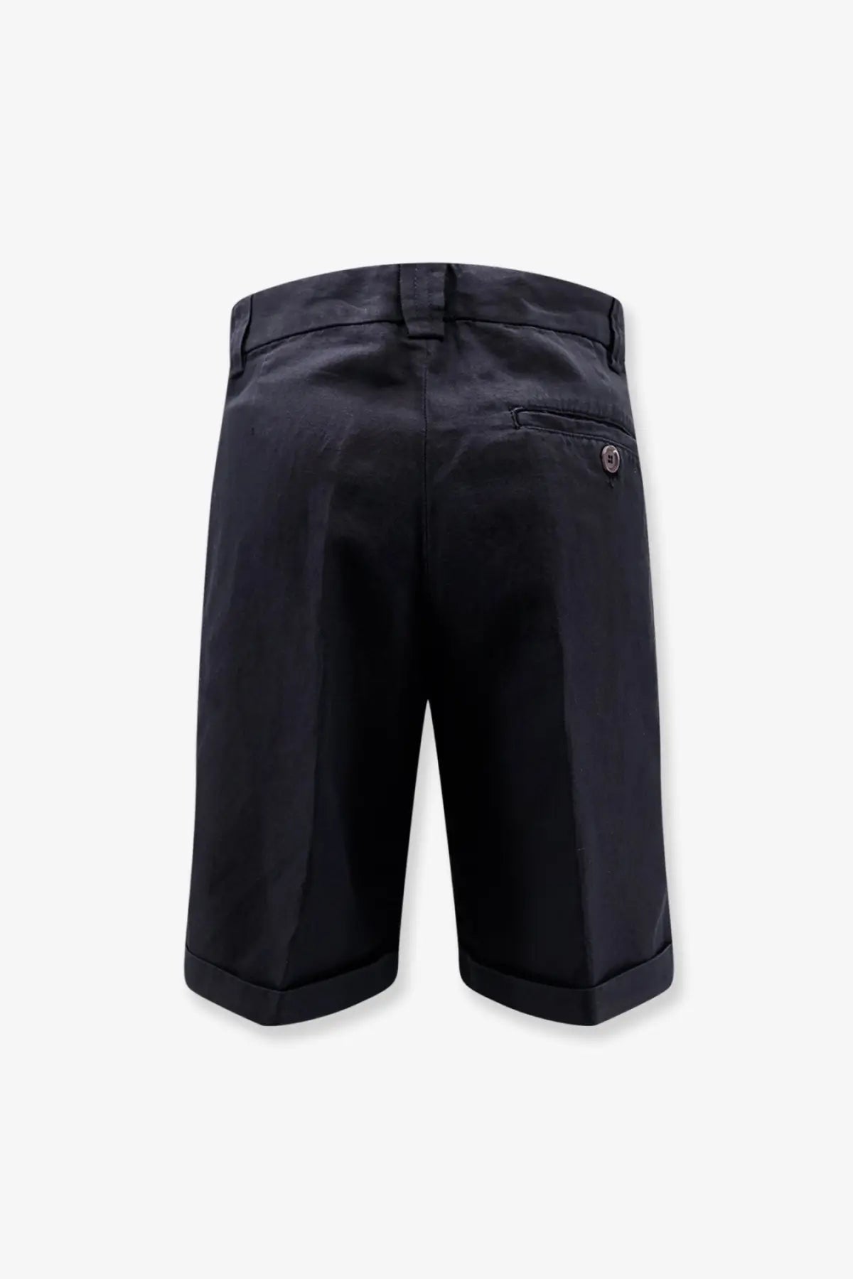 Black cotton chino shorts with subtle crease and rolled cuffs perfect for casual summer wear