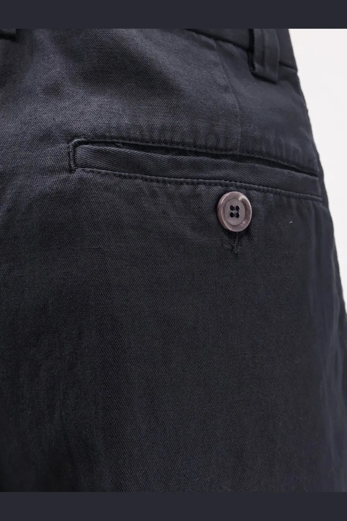 Back view of aspesi women’s blue cotton and linen shorts with dark gray textured weave and single button back pocket closure