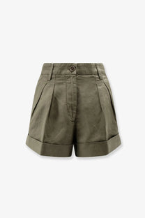 Olive green aspesi women’s cotton and linen pleated shorts with rolled cuffs and button closure