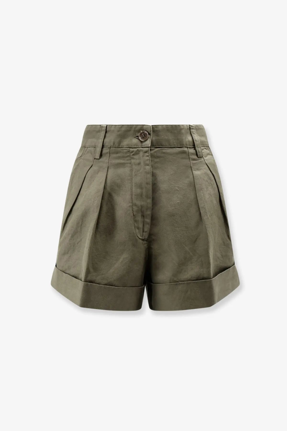 Olive green pleated ASPESI women’s cotton and linen shorts with rolled cuffs and button closure