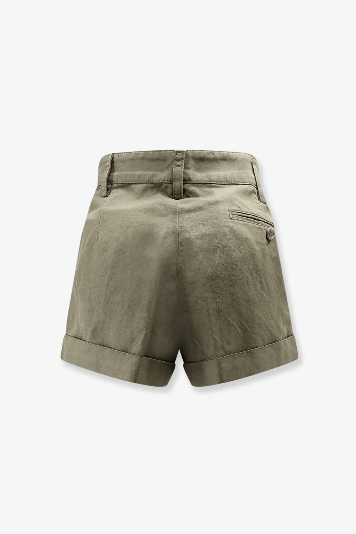 Olive green cotton and linen shorts for women by aspesi with rolled cuffs and back pocket showing the back side