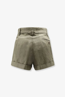 Olive green cotton and linen shorts for women by aspesi with rolled cuffs and back pocket showing the back side