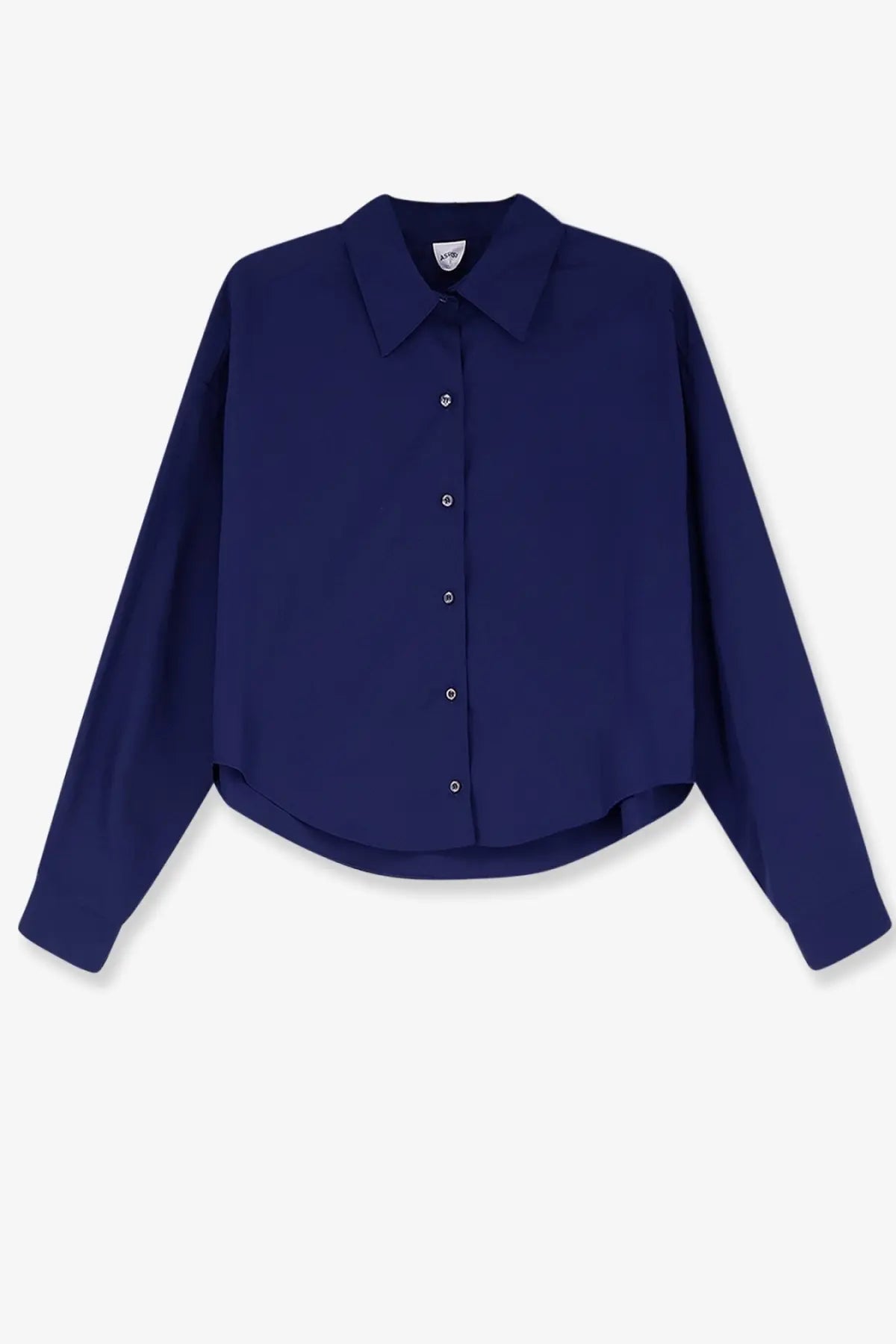Navy blue aspesi women’s cotton long-sleeved button-up shirt with classic collar and subtle curved hem