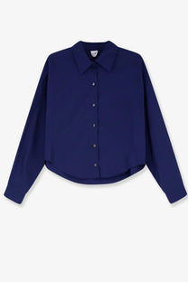 Navy blue aspesi women’s cotton long-sleeved button-up shirt with classic collar and subtle curved hem