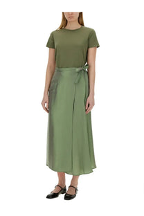 Olive green satin wrap skirt with tied waistband and side pockets paired with aspesi women’s cotton shirt green