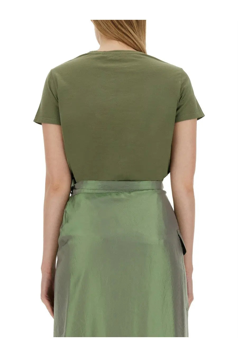 Aspesi women’s cotton shirt in olive green with short sleeves relaxed fit and subtle ribbed neckline