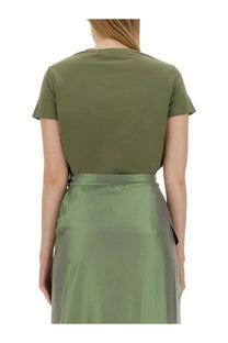 Aspesi women’s cotton shirt in olive green with short sleeves relaxed fit and subtle ribbed neckline