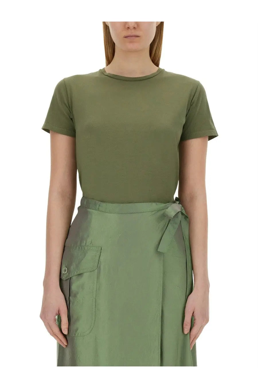 Olive green aspesi women’s short-sleeved cotton shirt with round neckline and subtle texture