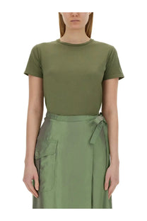 Olive green aspesi women’s short-sleeved cotton shirt with round neckline and subtle texture